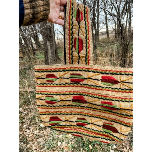 Vintage 1970s Burlap wool Embroidery Tote Bag  Boho Hippy - Picture 2 of 16